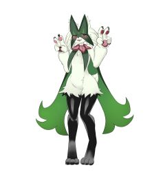Rule 34 | 1girl, :3, absurdres, animal ears, animal feet, animal nose, black fur, blush, body fur, cat ears, cat girl, claws, creatures (company), ddingyong, double v, fangs, feet, female focus, flat chest, full body, furry, furry female, game freak, green fur, green hair, half-closed eyes, hands up, happy, highres, legs, looking at viewer, meowscarada, nintendo, open mouth, pawpads, pokemon, pokemon (creature), red eyes, short hair, simple background, smile, solo, standing, tail, teeth, thighs, two-tone fur, v, white background