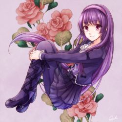Rule 34 | 1girl, artist name, black footwear, copyright request, cross-laced footwear, flower, full body, hairband, hugging own legs, long hair, looking at viewer, purple eyes, purple hair, purple hairband, simple background, sitting, solo, t0day8