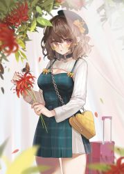 Rule 34 | 1girl, :o, bad id, bad pixiv id, bag, beret, black choker, black hat, blurry, blurry foreground, bow, bow earrings, breasts, brown hair, bug, butterfly, chain, choker, cleavage, cleavage cutout, clothing cutout, cowboy shot, curtains, depth of field, dress, earrings, flower, glasses, grey-framed eyewear, hair ribbon, hat, hat bow, heart, highres, holding, holding flower, insect, jewelry, legs apart, long sleeves, looking at viewer, looking over eyewear, looking over glasses, luggage, medium breasts, mid (gameshe), orange bow, original, parted lips, plaid, plant, red eyes, red flower, ribbed sweater, ribbon, rolling suitcase, round eyewear, short hair, shoulder bag, sidelocks, solo, standing, suitcase, sunglasses, sweater, sweater dress, thighs, tilted headwear, tinted eyewear, white ribbon, yellow-tinted eyewear, yellow-tinted glasses