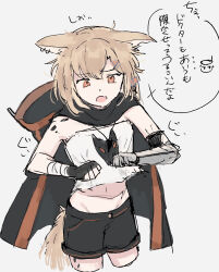 Rule 34 | 1girl, animal ears, arknights, bandaged arm, bandages, bare shoulders, black cape, black gloves, black shorts, brown eyes, brown hair, cape, crop top, cropped legs, ear piercing, fang, fingerless gloves, gloves, grey background, groin, highres, hood, hood down, hooded cape, inu to milk, midriff, navel, notched ear, open mouth, piercing, prosthesis, prosthetic arm, shirt, short shorts, shorts, simple background, solo, tail, translation request, vermeil (arknights), white shirt