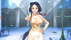 1girl bare_shoulders blue_hair blush breasts cleavage detached_sleeves dress fuma_lily game_cg gold_dress gold_sleeves green_eyes hand_on_own_hip highres large_breasts long_hair looking_at_viewer moe!_ninja_girls moe!_ninja_girls_rpg official_art open_mouth pointing pointing_at_viewer sleeveless sleeveless_dress smile solo standing straight-on third-party_source very_long_hair