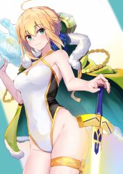 Rule 34 | 1girl, ahoge, artoria pendragon (all), artoria pendragon (fate), artoria pendragon (swimsuit archer) (fate), artoria pendragon (swimsuit archer) (third ascension) (fate), blonde hair, bow, bowtie, braid, breasts, cape, casual one-piece swimsuit, commentary request, cowboy shot, crown, crown braid, excalibur (fate/stay night), fate/grand order, fate/stay night, fate (series), french braid, fur-trimmed cape, fur trim, green cape, green eyes, highres, long hair, looking at viewer, medium breasts, ninoude (ninoude44), one-piece swimsuit, saber (fate), solo, standing, swimsuit, sword, weapon, white one-piece swimsuit
