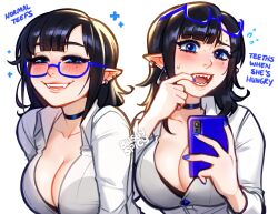 Rule 34 | 1girl, artist name, black choker, black hair, blue-framed eyewear, blue nails, blushyspicy, breasts, choker, cleavage, collarbone, commentary, earrings, english text, glasses, highres, holding, holding phone, jewelry, large breasts, mole, mole under eye, office lady, office workers (blushyspicy), original, phone, pointy ears, rectangular eyewear, semi-rimless eyewear, sharp teeth, shirt, teeth, under-rim eyewear, vampire, vivian seong (blushyspicy), white shirt