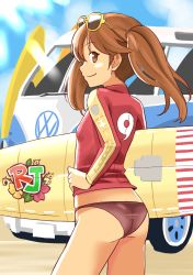 Rule 34 | 10s, 1girl, alternate costume, ass, bikini, bikini bottom only, breasts, brown eyes, brown hair, eyewear on head, flat ass, glasses, kantai collection, long sleeves, looking at viewer, looking to the side, motor vehicle, ryuujou (kancolle), shimouki izui, small breasts, smile, solo, sunglasses, surfboard, swimsuit, twintails, van, volkswagen, volkswagen type 2