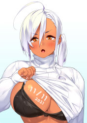 Rule 34 | 1girl, 2021, 23 (real xxiii), :o, absurdres, ahoge, black bra, blush, bra, breasts, clothes lift, dark-skinned female, dark skin, dated, fang, female focus, hair between eyes, highres, large breasts, lifted by self, long sleeves, looking at viewer, mole, mole under eye, open mouth, original, ribbed sweater, shirt lift, side ponytail, simple background, skin fang, solo, sweater, tongue, turtleneck, turtleneck sweater, underwear, upper body, white background, white hair