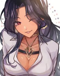 Rule 34 | 1girl, black hair, breasts, cleavage, collared shirt, dark-skinned female, dark skin, earrings, gold choker, gold earrings, gold necklace, highres, jewelry, long hair, looking at viewer, mole, mole on breast, mole under eye, necklace, nijisanji, nijisanji en, one eye closed, red eyes, scarle yonaguni, scarle yonaguni (1st costume), shirt, signature, simple background, smile, solo, szainx, virtual youtuber, white background, white shirt
