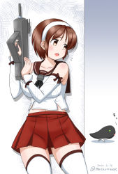 Rule 34 | 1girl, 1other, abyssal ship, breasts, brown eyes, brown hair, brown sailor collar, commentary request, cowboy shot, dated, detached sleeves, gun, hairband, hiding, i-class destroyer, kantai collection, large breasts, masara (chuujou), natori (kancolle), one-hour drawing challenge, pleated skirt, red skirt, sailor collar, school uniform, serafuku, short hair, skirt, thighhighs, twitter username, weapon, white hairband, white thighhighs