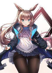 Rule 34 | 1girl, :o, absurdres, amiya (arknights), animal ears, arknights, black jacket, black pantyhose, blue eyes, blue skirt, blush, brown hair, commentary, cowboy shot, gluteal fold, gradient background, grey background, hair between eyes, highres, jacket, jewelry, long hair, long sleeves, looking at viewer, mecha (alswp), miniskirt, open clothes, open jacket, pantyhose, parted lips, plaid, plaid skirt, pleated skirt, ponytail, rabbit ears, ring, shirt, skirt, solo, standing, thighband pantyhose, thighs, very long hair, white background, white shirt