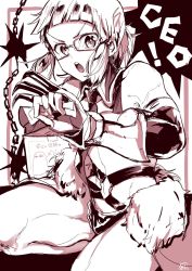 Rule 34 | 1girl, aruti, bare legs, bare shoulders, blunt bangs, box, chain, claw (weapon), collared shirt, elbow gloves, fate/grand order, fate (series), fingerless gloves, fur, fur trim, gauntlets, glasses, gloves, greyscale, highres, looking at viewer, medjed (fate), monochrome, muscular, muscular female, necktie, open mouth, package, penthesilea (fate), ponytail, shirt, short hair, sidelocks, speech bubble, spike ball, strap, teeth, translation request, weapon