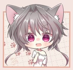 Rule 34 | 1girl, 9-nine-, animal ear fluff, animal ears, black hair, blush, cat ears, cat girl, chibi, clenched hand, eyes visible through hair, fang, floating hair, hair between eyes, hand up, highres, kemonomimi mode, looking at viewer, open mouth, paw print, pink background, red eyes, shirt, short hair with long locks, short sleeves, signature, simple background, single bare shoulder, skin fang, slit pupils, solo, upper body, utuigawa, v-shaped eyebrows, white shirt, yuuki noa