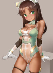 Rule 34 | 1girl, alice gear aegis, brown hair, cleft of venus, closed mouth, commentary request, cowboy shot, dark-skinned female, dark skin, elbow gloves, gloves, green eyes, headwear request, kaneshiya sitara, leotard, lips, looking at viewer, sasayuki, see-through, simple background, smile, solo, tail, thigh strap, white gloves