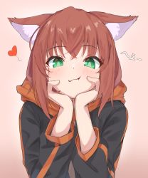 :3 absurdres animal_ears black_hoodie blush brown_hair closed_mouth gradient_background green_eyes hair_between_eyes head_rest heart highres hood hoodie looking_at_viewer original smile upper_body wep16night