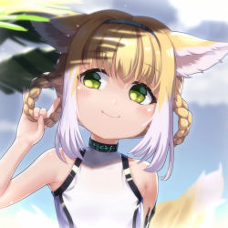 Rule 34 | 1girl, \\n/, animal ears, arknights, bare arms, bare shoulders, blonde hair, blue hairband, blurry, blurry background, blush, braid, braided hair rings, closed mouth, commentary, day, depth of field, fox shadow puppet, green eyes, hair between eyes, hair rings, hairband, hand up, head tilt, highres, holding, holding hair, infection monitor (arknights), leotard, looking away, looking to the side, material growth, multicolored hair, oripathy lesion (arknights), outdoors, revision, smile, solo, suzuran (arknights), symbol-only commentary, tail, tail raised, twin braids, two-tone hair, upper body, white hair, white leotard, white ph