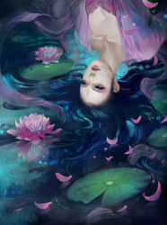 Rule 34 | 1girl, black hair, dress, flower, jjlovely, lily pad, looking to the side, lotus, makeup, original, pink dress, pond, reflection, reflective water, solo, submerged, tagme, upside-down, water lily flower