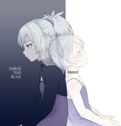 Rule 34 | 2girls, back-to-back, black choker, choker, commentary request, copyright name, darker than black, dress, expressionless, closed eyes, female focus, flat chest, hair ribbon, highres, multiple girls, ponytail, profile, purple dress, purple eyes, ribbon, short hair, silver hair, simple background, sitting, smile, time paradox, walkalone, yin (darker than black), aged down