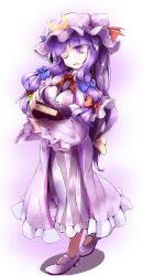 Rule 34 | 1girl, book, capelet, coat, crescent, dress, fumitsuki (minaduki 6), grimoire, hair ribbon, hat, highres, jacket, long hair, long sleeves, mob cap, one eye closed, open clothes, open coat, open jacket, patchouli knowledge, purple eyes, purple hair, ribbon, smile, solo, striped clothes, striped dress, touhou, tress ribbon, very long hair, wide sleeves