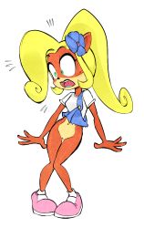Rule 34 | 1girl, blonde hair, bottomless, coco bandicoot, crash bandicoot (series), flower, hair flower, hair ornament, humor, pussy, surprised, torn clothes
