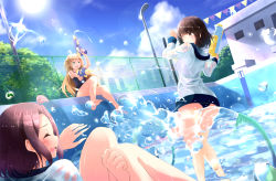 Rule 34 | 3girls, absurdres, blonde hair, blush, brown hair, closed eyes, facing another, fuu (fuore), green eyes, gun, highres, holding, holding gun, holding weapon, hose, long hair, looking at another, multiple girls, one eye closed, open mouth, original, pool, short hair, smile, water, water gun, weapon