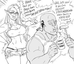 Rule 34 | 1boy, 1girl, :d, bald, bb (baalbuddy), breakfast, breasts, commentary, couple, covered erect nipples, cup, earphones, eating, elf, english commentary, fang, fang out, fangs, food, fork, greyscale, hand on own hip, hetero, highres, holding, holding cup, large breasts, long hair, midriff, mole, mole under mouth, monochrome, mug writing, navel, no nut november, open mouth, orc, original, pointing, pointy ears, rejection, round eyewear, sausage, shirt, short shorts, shorts, simple background, sleeveless, sleeveless shirt, smile, tank top, white background