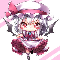 Rule 34 | 1girl, bat wings, blush stickers, chibi, clothes lift, dress, dress lift, female focus, frills, hat, hat ribbon, kimagure ringo, light purple hair, looking at viewer, red eyes, remilia scarlet, ribbon, smile, solo, touhou, wings