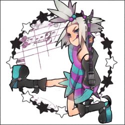 Rule 34 | 10s, 1girl, bad id, bad pixiv id, bass guitar, blue eyes, boots, creatures (company), dress, freckles, game freak, guitar, gym leader, hair bobbles, hair ornament, instrument, nintendo, platform footwear, pokemon, pokemon bw2, roxie (pokemon), short dress, solo, striped clothes, striped dress, ting come, topknot, white hair