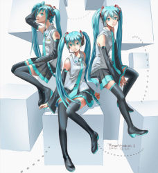 Rule 34 | 1girl, aqua eyes, aqua hair, detached sleeves, hatsune miku, headset, highres, long hair, looking at viewer, multiple persona, revision, robot (santouhei), sitting, skirt, smile, solo, thighhighs, twintails, very long hair, vocaloid, zettai ryouiki