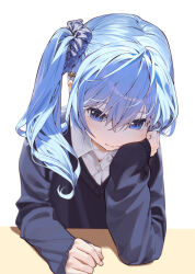 Rule 34 | 1girl, arm support, black sweater, blue eyes, blue hair, casual, closed mouth, commentary request, expressionless, hair ornament, hololive, hoshimachi suisei, kitada mo, long hair, long sleeves, one side up, shirt, simple background, sleeves past wrists, solo, star (symbol), star hair ornament, sweater, upper body, virtual youtuber, white background, white shirt