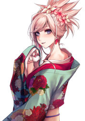 Rule 34 | 1girl, applekun, asymmetrical hair, blue eyes, blue kimono, blush, closed mouth, cup, fate/grand order, fate (series), floral print, flower, from side, hair flower, hair ornament, highres, holding, holding cup, japanese clothes, kimono, long hair, long sleeves, looking at viewer, looking back, miyamoto musashi (fate), nail polish, obi, pink flower, pink hair, print kimono, red nails, sash, simple background, sleeves past wrists, smile, solo, swept bangs, upper body, white background, white flower, yukata