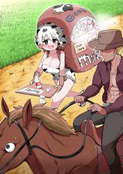 Rule 34 | 1boy, 1girl, animal, backpack, bag, black eyes, blonde hair, blush, bottle, breasts, cleavage, cow girl, cow horns, cowboy, cowboy hat, cowboy western, dirt road, earrings, english text, faceless, faceless male, facial hair, goatee, grass, hat, highres, horns, horse, jewelry, large breasts, milk, milk bottle, multicolored hair, necklace, open clothes, open mouth, open shirt, original, outdoors, pants, price, reins, road, saddle, strapless, western, white hair, zurikishi