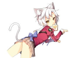 Rule 34 | 1girl, ahoge, animal ears, ass, blush, bread slice, cat ears, cat girl, cat tail, eiyuu densetsu, falcom, female focus, fie claussell, food, food in mouth, jacket, long sleeves, looking at viewer, mouth hold, paw pose, saru, school uniform, sen no kiseki, short hair, simple background, skirt, solo, tail, toast, toast in mouth, uniform, white background, white hair, yellow eyes