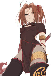 Rule 34 | 1girl, absurdres, ahoge, boots, breasts, brown eyes, brown hair, china dress, chinese clothes, covered navel, dress, facial mark, fate/grand order, fate (series), fishnet pantyhose, fishnets, forehead mark, highres, holding, holding polearm, holding weapon, kaigan0211, nezha (fate), pantyhose, polearm, small breasts, thigh boots, twintails, weapon, white background