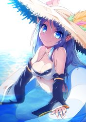 Rule 34 | 10s, 1girl, absurdres, bad id, bad pixiv id, bikini, blue eyes, blue hair, breasts, chain chronicle, cleavage, detached sleeves, earrings, flower, hat, hat feather, hat flower, helicity, highres, innertube, jewelry, long hair, looking at viewer, matching hair/eyes, ocean, pointy ears, satou kochi, sleeves past wrists, smile, solo, straw hat, swim ring, swimsuit, wet, wide sleeves