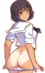 Rule 34 | 10s, 1girl, ass, blush, brown hair, butt crack, character request, em (totsuzen no hakike), girls und panzer, green eyes, hoshino (girls und panzer), looking back, panties, panty pull, sailor collar, school uniform, simple background, smile, solo, tan, tanline, underwear, undressing, white background