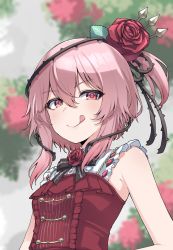 Rule 34 | 1girl, absurdres, black bow, blurry, blurry background, bow, breasts, dress, flower, hair between eyes, hair flower, hair ornament, highres, licking lips, nijisanji, nijisanji en, pink eyes, pink hair, plant, red dress, red flower, red rose, rose, rosemi lovelock, short sidetail, small breasts, smile, solo, thorns, tongue, tongue out, valefal coneri, vines, virtual youtuber