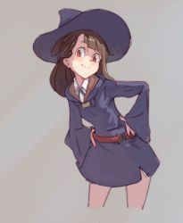 Rule 34 | 10s, 1girl, ashy@, belt, belt skirt, brown hair, cropped legs, hands on own hips, hat, kagari atsuko, little witch academia, long hair, looking at viewer, neck ribbon, red eyes, ribbon, simple background, skirt, smile, solo, witch, witch hat