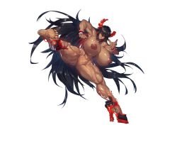 Rule 34 | 1girl, abs, angry, armpits, bead necklace, beads, black hair, boots, breasts, censored, clenched teeth, dark-skinned female, dark skin, demon horns, feet, female focus, fighting stance, floating hair, full body, game cg, groin, hands up, horns, huge breasts, jewelry, leg up, legs, long hair, looking at viewer, melon22, mosaic censoring, navel, necklace, nipples, nude, original, pussy, red eyes, solo, standing, standing on one leg, teeth, thick thighs, thighs, toes, transparent background