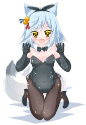 Rule 34 | 1girl, :d, animal ears, azur lane, bell, black footwear, black gloves, black leotard, black ribbon, blue hair, blush, breasts, brown pantyhose, claw pose, cleavage, commentary request, covered navel, detached collar, elbow gloves, fang, fubuki (azur lane), gloves, hair bell, hair ornament, hair ribbon, high heels, highres, jingle bell, kanijiru, leotard, long hair, looking at viewer, multiple tails, nontraditional playboy bunny, open mouth, pantyhose, playboy bunny, ribbon, shadow, shoes, small breasts, smile, solo, strapless, strapless leotard, tail, thigh gap, twitter username, two tails, white background, yellow eyes