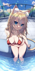 Rule 34 | 1girl, akino sora, animal ears, arm support, bare arms, bare shoulders, bikini, blonde hair, blue eyes, blurry, blurry background, breasts, cat ears, cat girl, cat tail, closed mouth, covered erect nipples, day, depth of field, fence, fisheye, front-tie bikini top, front-tie top, hair between eyes, highres, long hair, looking at viewer, medium breasts, original, outdoors, red bikini, side-tie bikini bottom, soaking feet, solo, swimsuit, tail, water