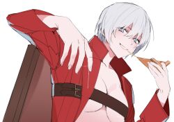 Rule 34 | absurdres, bechu, belt bra, blue eyes, breasts, coat, dante (devil may cry), devil may cry (series), food, genderswap, genderswap (mtf), grey hair, hair between eyes, highres, holding, holding food, holding pizza, large breasts, looking at viewer, open clothes, open coat, pizza, red coat, short hair, simple background, solo, upper body, white background