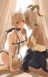 Rule 34 | 2girls, absurdres, after kiss, animal ear fluff, animal ears, arknights, backlighting, bangs, bare legs, bare shoulders, barefoot, beeswax (arknights), black jacket, blonde hair, blush, breast grab, breasts, cardigan (arknights), cleavage, collar, collarbone, curtains, dark-skinned female, dark skin, dog ears, dress, eye contact, eyebrows visible through hair, goat ears, goat girl, goat horns, grabbing, hand on another&#039;s shoulder, highres, holding hands, horns, huziko32, jacket, kneeling, long hair, long sleeves, looking at another, low ponytail, medium breasts, multiple girls, open clothes, open jacket, parted lips, profile, purple eyes, saliva, saliva trail, short hair, silver hair, simple background, single sidelock, sitting, strap slip, strapless, strapless dress, white background, white dress, yuri