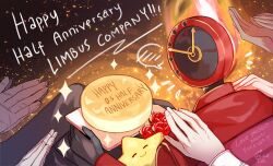Rule 34 | 1boy, 1other, absurdres, anniversary, cake, character request, coat, commentary, dante (limbus company), english commentary, english text, fire, flower, food, gredell elle, heathcliff (project moon), highres, limbus company, mili (band), object head, pants, project moon, red coat, rose, signature, star (symbol)