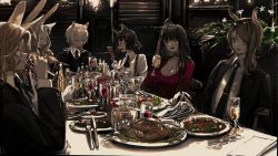 Rule 34 | 6+girls, :d, animal ears, ascot, black ascot, black hair, black jacket, black necktie, blush, breasts, brown hair, cat ears, chair, cleavage, closed mouth, colored sclera, cup, dinner, dress, drinking, drinking glass, flower, food, fork, glass, grey eyes, grey hair, highres, holding, holding cup, holding food, indoors, jacket, jitome, knife, large breasts, long hair, long sleeves, multiple girls, narue, necktie, open clothes, open jacket, open mouth, original, plate, rabbit ears, red dress, shirt, short hair, sitting, smile, suspenders, white flower, white shirt, wine glass, yellow sclera