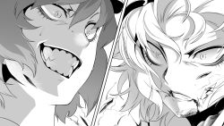 Rule 34 | 2girls, bad id, bad pixiv id, blood, blood on face, blood stain, clenched teeth, constricted pupils, eyelashes, female focus, flandre scarlet, greyscale, grin, hat, irohara mitabi, monochrome, multiple girls, remilia scarlet, sharp teeth, short hair, siblings, sisters, smile, sweatdrop, teeth, touhou