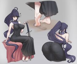 Rule 34 | 1girl, ahoge, ass, backless dress, backless outfit, barefoot, bent over, black dress, breasts, dress, feet, foot focus, footprints, from behind, hair between eyes, hand up, heel up, highres, impossible clothes, impossible dress, large breasts, long hair, looking at viewer, multiple views, nail polish, original, ponytail, purple hair, purple nails, scathegrapes, shadow, sheath, sheathed, sidelocks, sitting, sleeveless, sleeveless dress, soles, toenail polish, toenails, toes, very long hair, yellow eyes