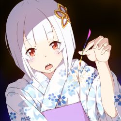 Rule 34 | 1girl, commentary request, fireworks, floral print, granbelm, hair ornament, japanese clothes, kimono, kunney, long sleeves, looking at viewer, mole, mole under eye, red eyes, short hair, sleeves pushed up, solo, sparkler, sparks, tsuchimikado kuon, upper body, white hair, yukata