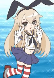 Rule 34 | 1girl, :3, anchor hair ornament, black neckerchief, blonde hair, blue sailor collar, blue skirt, commission, daichi (daiti1318), double v, elbow gloves, gloves, grey eyes, hair between eyes, hair ornament, hairband, highleg, highleg panties, highres, kantai collection, long hair, looking at viewer, neckerchief, open mouth, panties, pleated skirt, rudder footwear, sailor collar, shimakaze (kancolle), skeb commission, skirt, sleeveless, solo, sparkle, striped clothes, striped thighhighs, thighhighs, twitter username, underwear, v, very long hair, water, white gloves