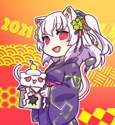 Rule 34 | 1girl, @ @, animal ears, blush, breasts, cat, cat ears, cat tail, checkered background, cowboy shot, creature, from side, gradient background, grey hair, hair ornament, holding, honeycomb (pattern), japanese clothes, kagami mochi, kanzashi, kimono, long hair, long sleeves, looking at viewer, looking to the side, magari (c0rn3r), mechanical ears, mechanical tail, medium breasts, new year, nora cat, nora cat channel, obi, obiage, one side up, open mouth, pattern request, patterned background, purple kimono, red background, red eyes, sash, seigaiha, smile, solo, standing, tail, underbust, virtual youtuber, wide sleeves, yagasuri