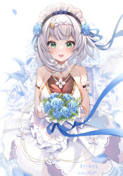 Rule 34 | 1girl, :d, arm strap, blue flower, blue ribbon, blue rose, blunt bangs, bouquet, braid, breasts, bride, cleavage, dated, dress, emblem, falling petals, flower, flower necklace, genshin impact, green eyes, hair flower, hair ornament, hair ribbon, highres, holding, holding bouquet, holding flower, jewelry, large breasts, looking at viewer, maid headdress, miaogujun, necklace, noelle (genshin impact), open mouth, petals, ribbon, rose, short hair, signature, silver hair, smile, solo, wedding dress, white dress
