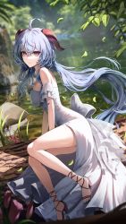 Rule 34 | 1girl, absurdres, ahoge, alternate costume, arm support, bare legs, bare shoulders, blue hair, blurry, blurry background, breasts, closed mouth, day, depth of field, dress, dutch angle, erbium, falling leaves, floating hair, full body, ganyu (genshin impact), genshin impact, goat horns, gradient eyes, hair between eyes, high heels, highres, horns, leaf, leaning to the side, long hair, looking at viewer, medium breasts, multicolored eyes, nail polish, nature, outdoors, plant, purple eyes, rock, sandals, see-through, short sleeves, sidelocks, sitting, smile, solo, thighs, toenail polish, toenails, tree, water, white dress
