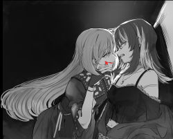 Rule 34 | 2girls, absurdres, clenched teeth, crop top, eye contact, facing another, fingerless gloves, gloves, highres, idolmaster, idolmaster shiny colors, ikaruga luca, jacket, jacket partially removed, lipstick, long hair, looking at another, makeup, monochrome, multicolored hair, multiple girls, nanakusa nichika, navel, off-shoulder shirt, off shoulder, shirt, side slit, smeared lipstick, smile, spot color, streaked hair, teeth, upper body, ying (suetmo)